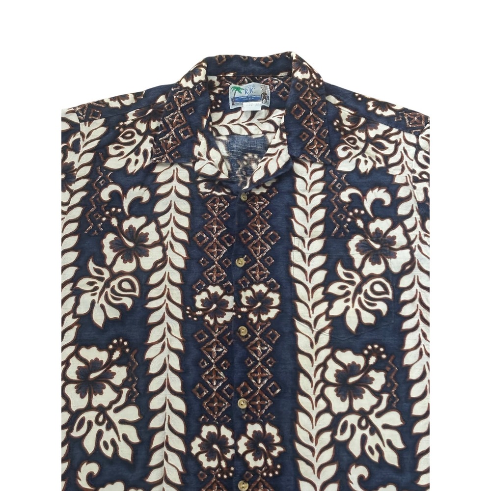 RJC Vintage Mens 2XL Hawaiian Shirt Navy Blue Hibiscus Floral Aloha Button Down